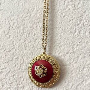 Vintage Guilloche Locket Necklace Gold Tone Red Enamel and Pearl Detail